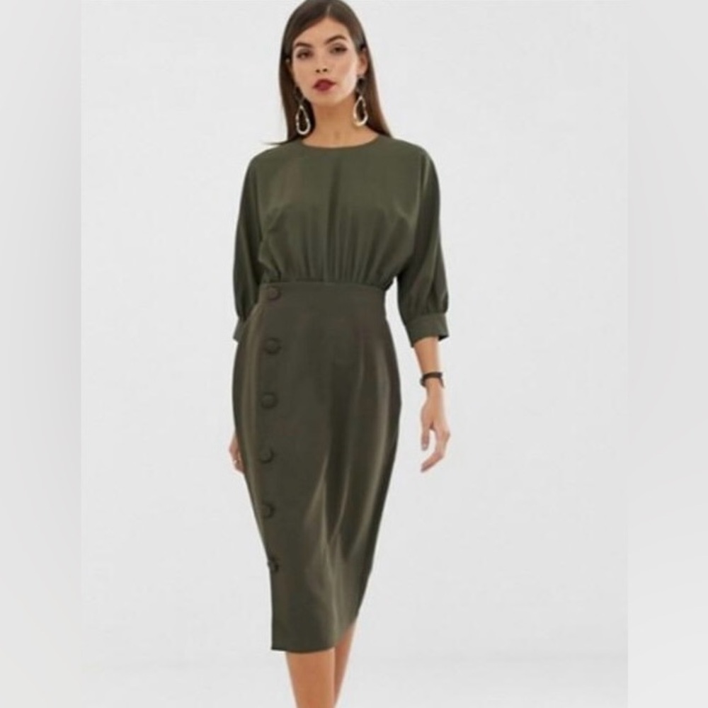 ASOS Olive Green Pencil Skirt Midi Dress